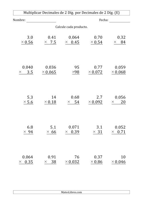 La hoja de ejercicios de Multiplicar Decimales de 2 Díg. por Decimales de 2 Díg. (E)