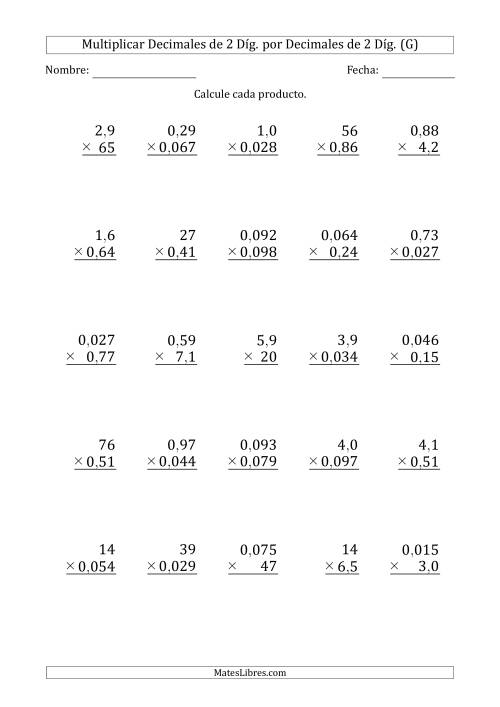 La hoja de ejercicios de Multiplicar Decimales de 2 Díg. por Decimales de 2 Díg. (G)