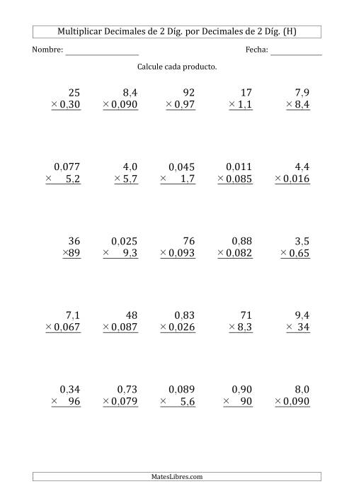 La hoja de ejercicios de Multiplicar Decimales de 2 Díg. por Decimales de 2 Díg. (H)