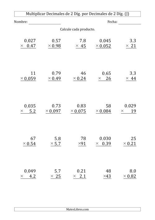 La hoja de ejercicios de Multiplicar Decimales de 2 Díg. por Decimales de 2 Díg. (J)
