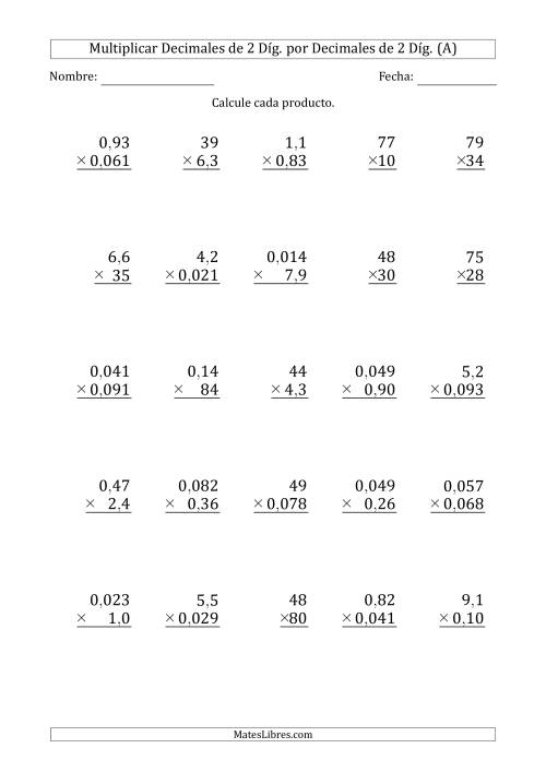 La hoja de ejercicios de Multiplicar Decimales de 2 Díg. por Decimales de 2 Díg. (Todas)