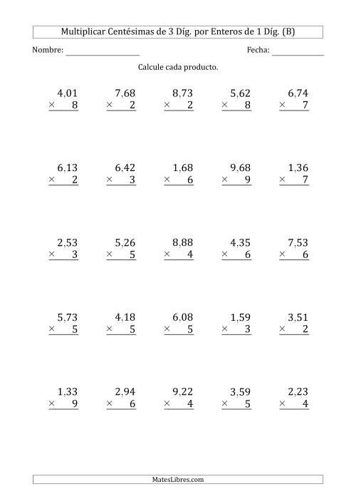 La hoja de ejercicios de Multiplicar Centésimas de 3 Díg. por Enteros de 1 Díg. (B)
