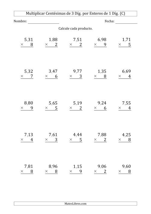 La hoja de ejercicios de Multiplicar Centésimas de 3 Díg. por Enteros de 1 Díg. (C)