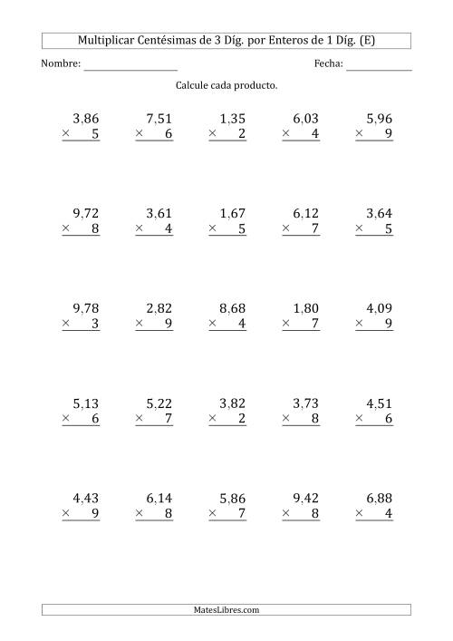 La hoja de ejercicios de Multiplicar Centésimas de 3 Díg. por Enteros de 1 Díg. (E)