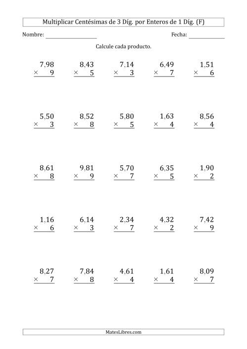 La hoja de ejercicios de Multiplicar Centésimas de 3 Díg. por Enteros de 1 Díg. (F)