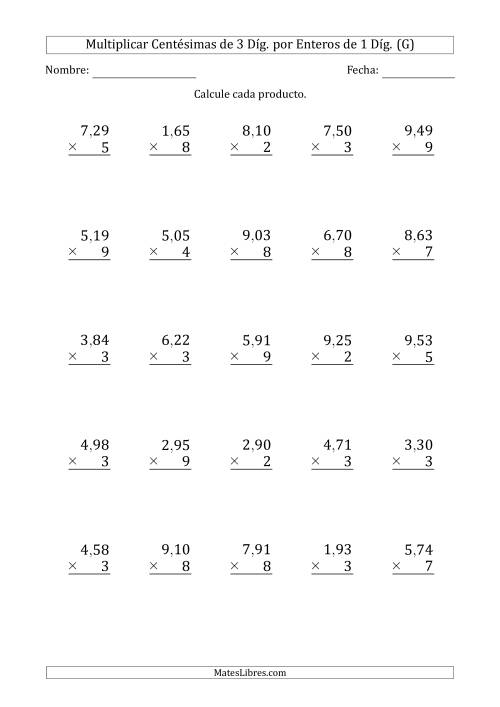 La hoja de ejercicios de Multiplicar Centésimas de 3 Díg. por Enteros de 1 Díg. (G)