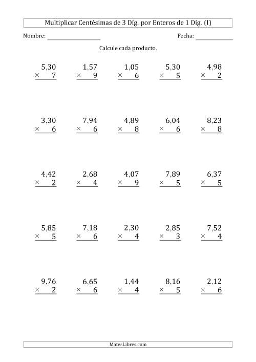 La hoja de ejercicios de Multiplicar Centésimas de 3 Díg. por Enteros de 1 Díg. (I)