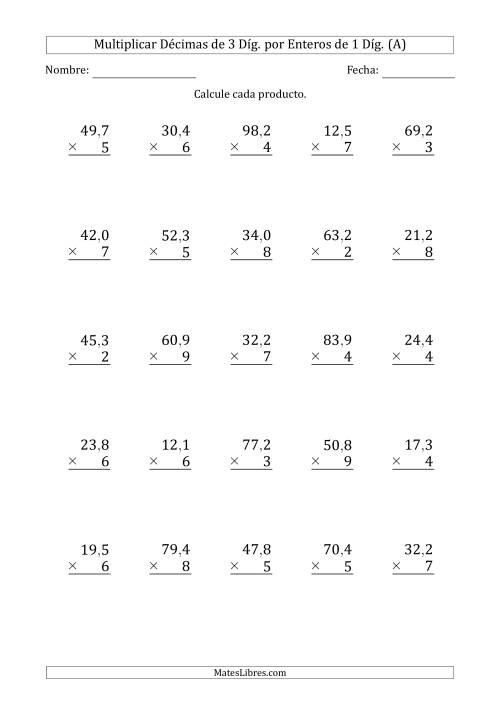 La hoja de ejercicios de Multiplicar Décimas de 3 Díg. por Enteros de 1 Díg. (A)