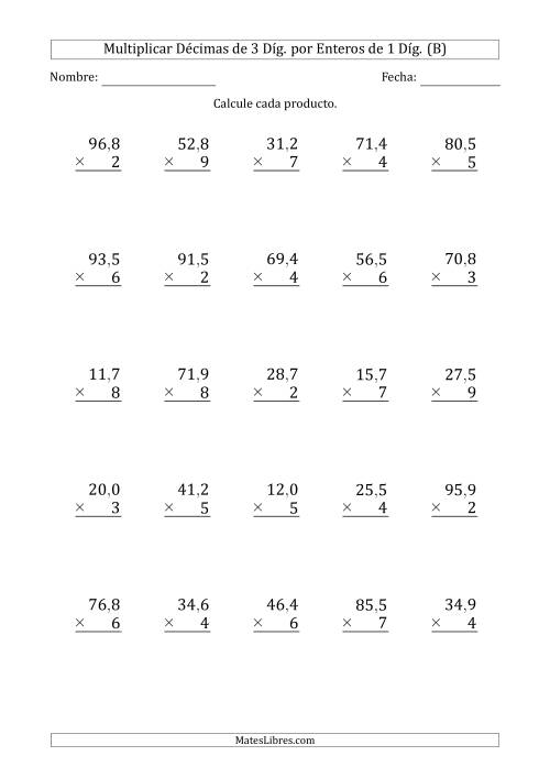 La hoja de ejercicios de Multiplicar Décimas de 3 Díg. por Enteros de 1 Díg. (B)