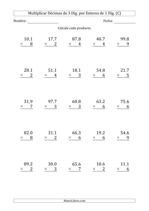 La hoja de ejercicios de Multiplicar Décimas de 3 Díg. por Enteros de 1 Díg. (C)