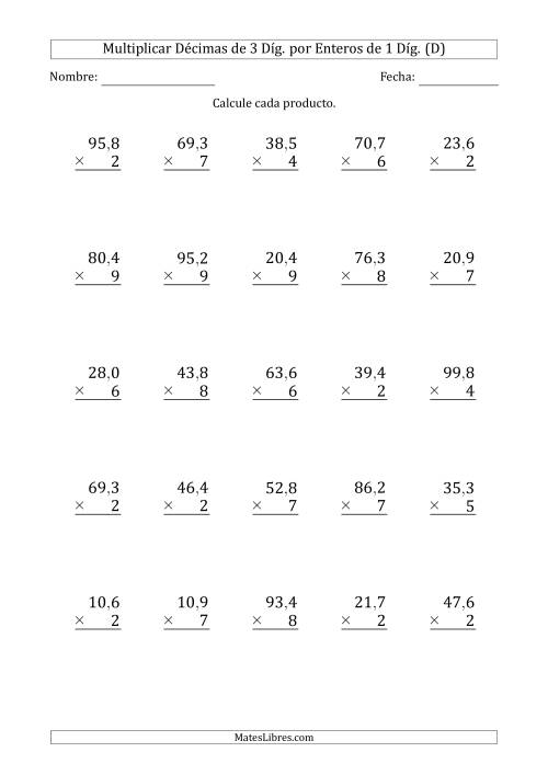 La hoja de ejercicios de Multiplicar Décimas de 3 Díg. por Enteros de 1 Díg. (D)