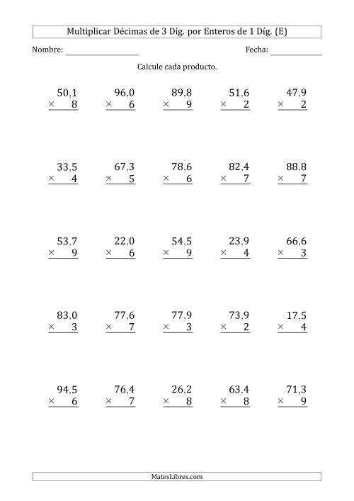 La hoja de ejercicios de Multiplicar Décimas de 3 Díg. por Enteros de 1 Díg. (E)