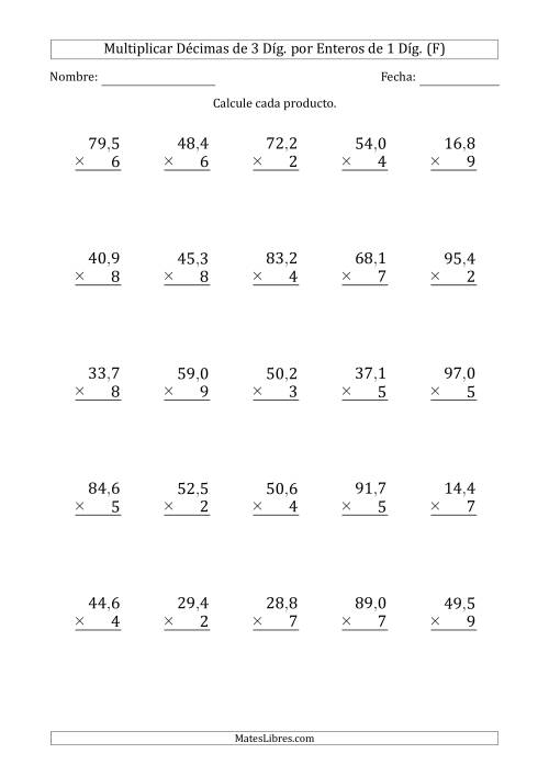 La hoja de ejercicios de Multiplicar Décimas de 3 Díg. por Enteros de 1 Díg. (F)