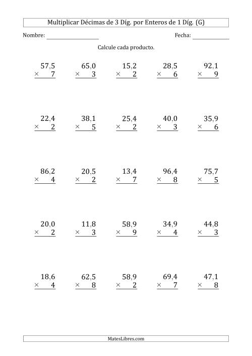 La hoja de ejercicios de Multiplicar Décimas de 3 Díg. por Enteros de 1 Díg. (G)