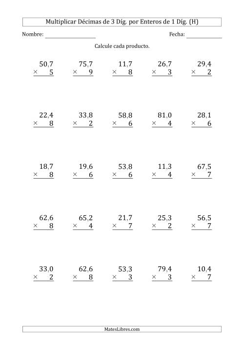 La hoja de ejercicios de Multiplicar Décimas de 3 Díg. por Enteros de 1 Díg. (H)