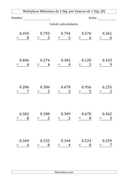La hoja de ejercicios de Multiplicar Milésimas de 3 Díg. por Enteros de 1 Díg. (B)