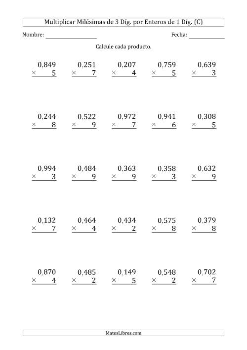 La hoja de ejercicios de Multiplicar Milésimas de 3 Díg. por Enteros de 1 Díg. (C)