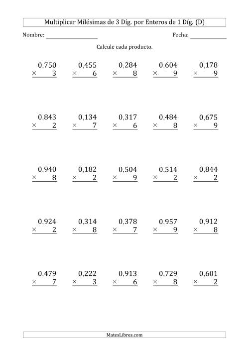 La hoja de ejercicios de Multiplicar Milésimas de 3 Díg. por Enteros de 1 Díg. (D)