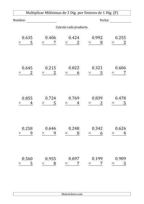 La hoja de ejercicios de Multiplicar Milésimas de 3 Díg. por Enteros de 1 Díg. (F)