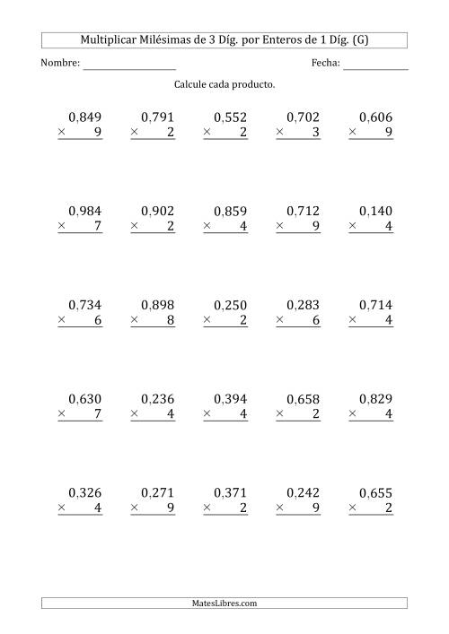 La hoja de ejercicios de Multiplicar Milésimas de 3 Díg. por Enteros de 1 Díg. (G)