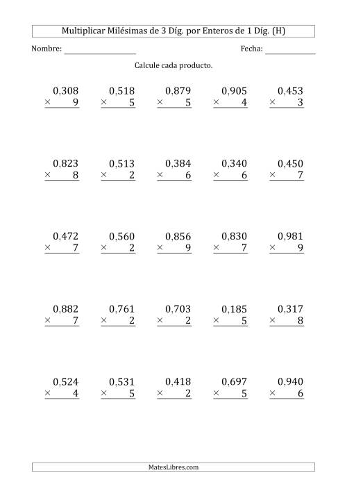 La hoja de ejercicios de Multiplicar Milésimas de 3 Díg. por Enteros de 1 Díg. (H)