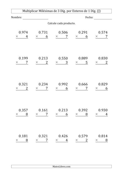 La hoja de ejercicios de Multiplicar Milésimas de 3 Díg. por Enteros de 1 Díg. (J)