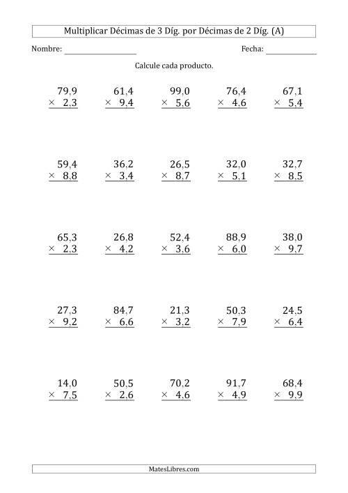 La hoja de ejercicios de Multiplicar Décimas de 3 Díg. por Décimas de 2 Díg. (A)