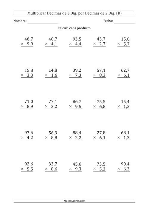 La hoja de ejercicios de Multiplicar Décimas de 3 Díg. por Décimas de 2 Díg. (B)