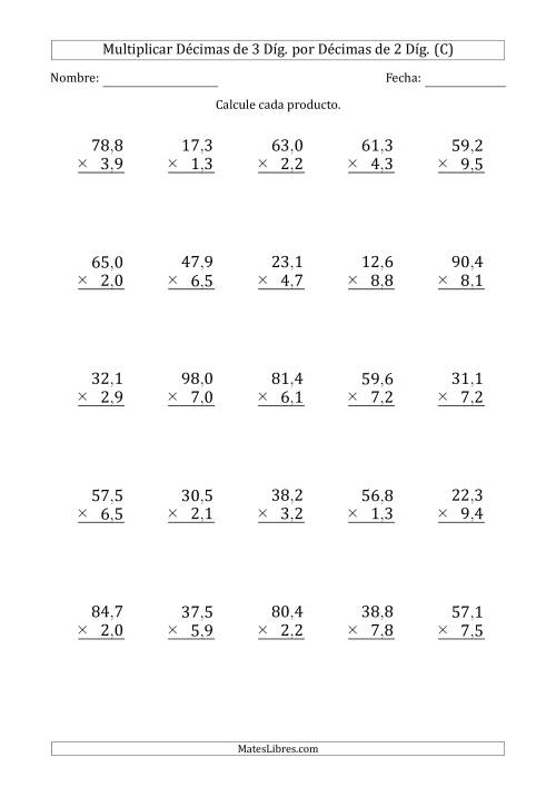 La hoja de ejercicios de Multiplicar Décimas de 3 Díg. por Décimas de 2 Díg. (C)
