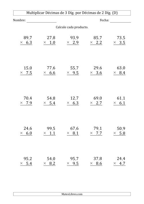 La hoja de ejercicios de Multiplicar Décimas de 3 Díg. por Décimas de 2 Díg. (D)