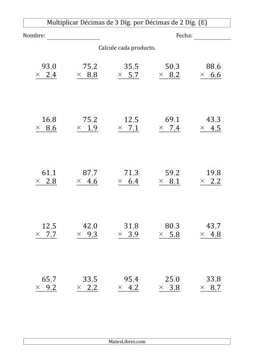 La hoja de ejercicios de Multiplicar Décimas de 3 Díg. por Décimas de 2 Díg. (E)