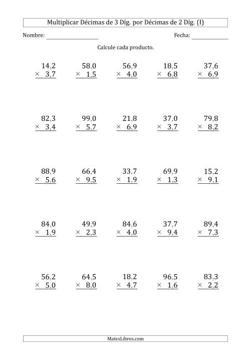 La hoja de ejercicios de Multiplicar Décimas de 3 Díg. por Décimas de 2 Díg. (I)