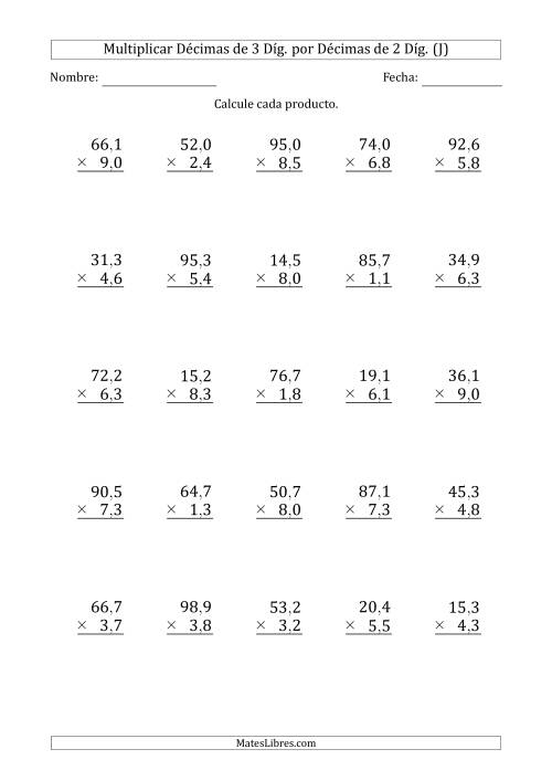 La hoja de ejercicios de Multiplicar Décimas de 3 Díg. por Décimas de 2 Díg. (J)