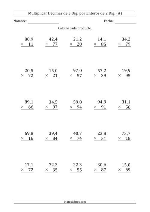 La hoja de ejercicios de Multiplicar Décimas de 3 Díg. por Enteros de 2 Díg. (A)