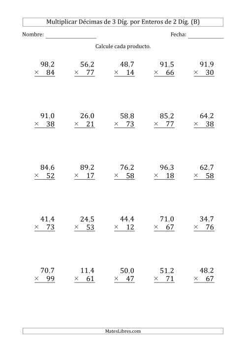La hoja de ejercicios de Multiplicar Décimas de 3 Díg. por Enteros de 2 Díg. (B)