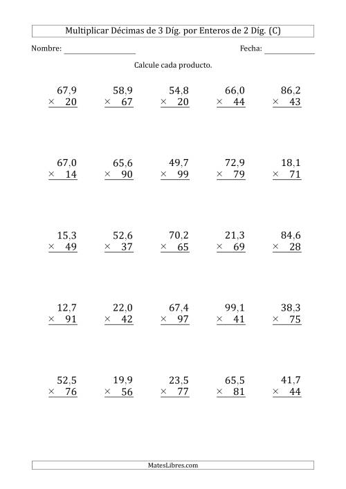 La hoja de ejercicios de Multiplicar Décimas de 3 Díg. por Enteros de 2 Díg. (C)