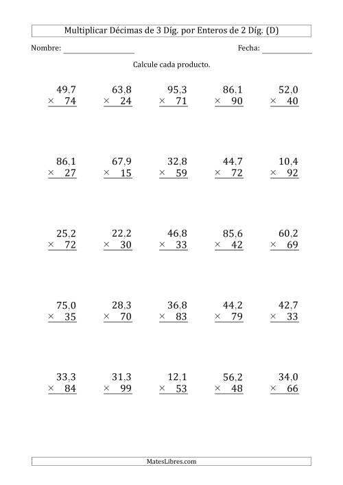 La hoja de ejercicios de Multiplicar Décimas de 3 Díg. por Enteros de 2 Díg. (D)