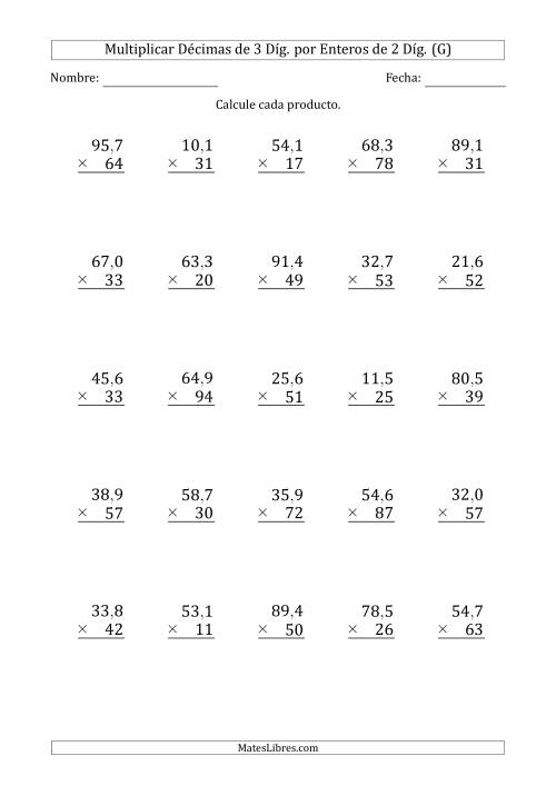 La hoja de ejercicios de Multiplicar Décimas de 3 Díg. por Enteros de 2 Díg. (G)