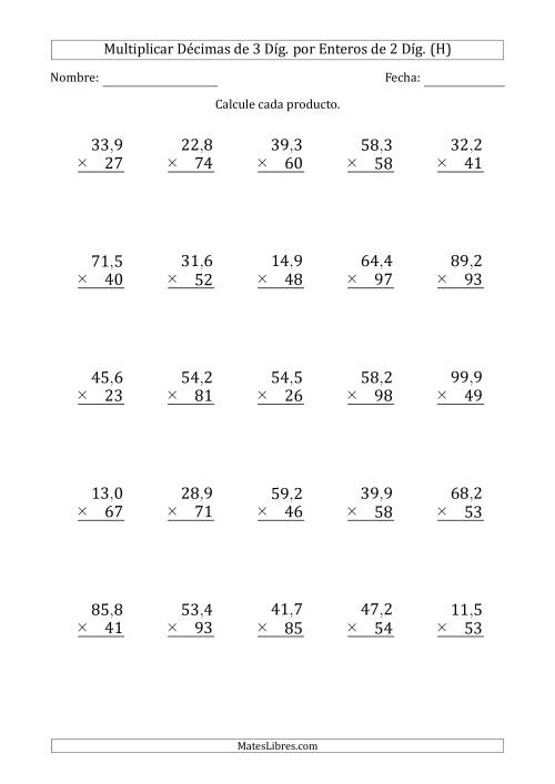 La hoja de ejercicios de Multiplicar Décimas de 3 Díg. por Enteros de 2 Díg. (H)
