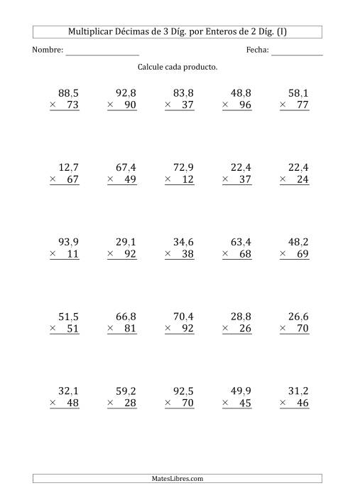 La hoja de ejercicios de Multiplicar Décimas de 3 Díg. por Enteros de 2 Díg. (I)
