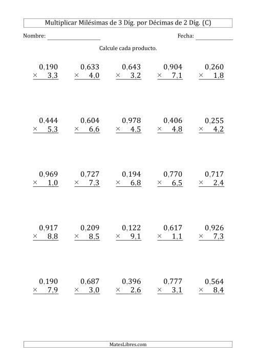 La hoja de ejercicios de Multiplicar Milésimas de 3 Díg. por Décimas de 2 Díg. (C)
