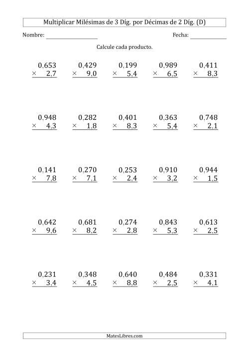 La hoja de ejercicios de Multiplicar Milésimas de 3 Díg. por Décimas de 2 Díg. (D)