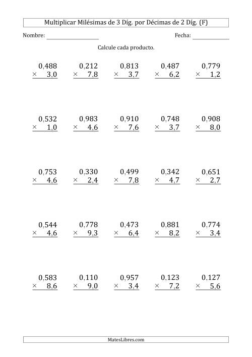 La hoja de ejercicios de Multiplicar Milésimas de 3 Díg. por Décimas de 2 Díg. (F)