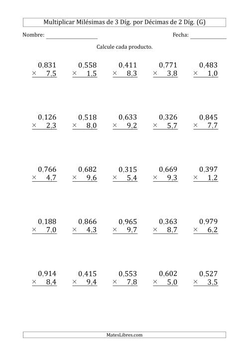 La hoja de ejercicios de Multiplicar Milésimas de 3 Díg. por Décimas de 2 Díg. (G)