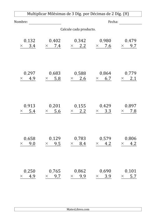 La hoja de ejercicios de Multiplicar Milésimas de 3 Díg. por Décimas de 2 Díg. (H)