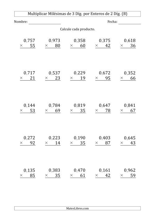 La hoja de ejercicios de Multiplicar Milésimas de 3 Díg. por Enteros de 2 Díg. (B)
