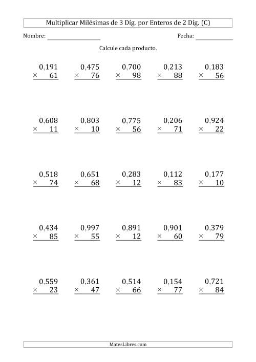 La hoja de ejercicios de Multiplicar Milésimas de 3 Díg. por Enteros de 2 Díg. (C)