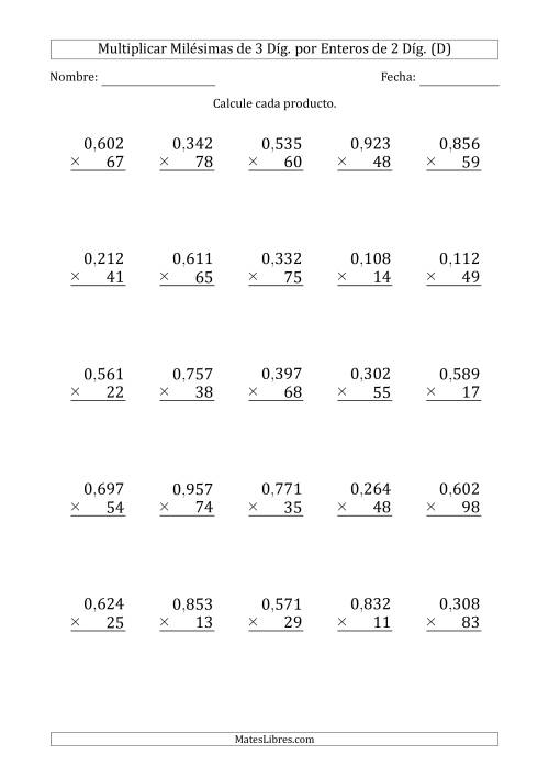 La hoja de ejercicios de Multiplicar Milésimas de 3 Díg. por Enteros de 2 Díg. (D)