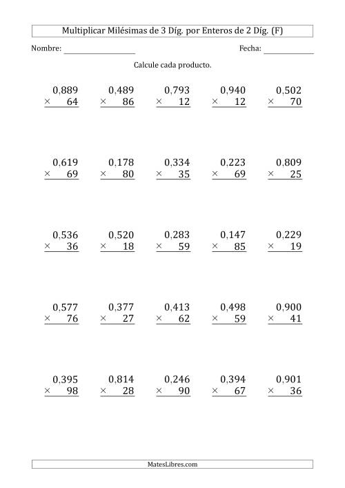La hoja de ejercicios de Multiplicar Milésimas de 3 Díg. por Enteros de 2 Díg. (F)