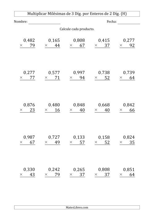 La hoja de ejercicios de Multiplicar Milésimas de 3 Díg. por Enteros de 2 Díg. (H)